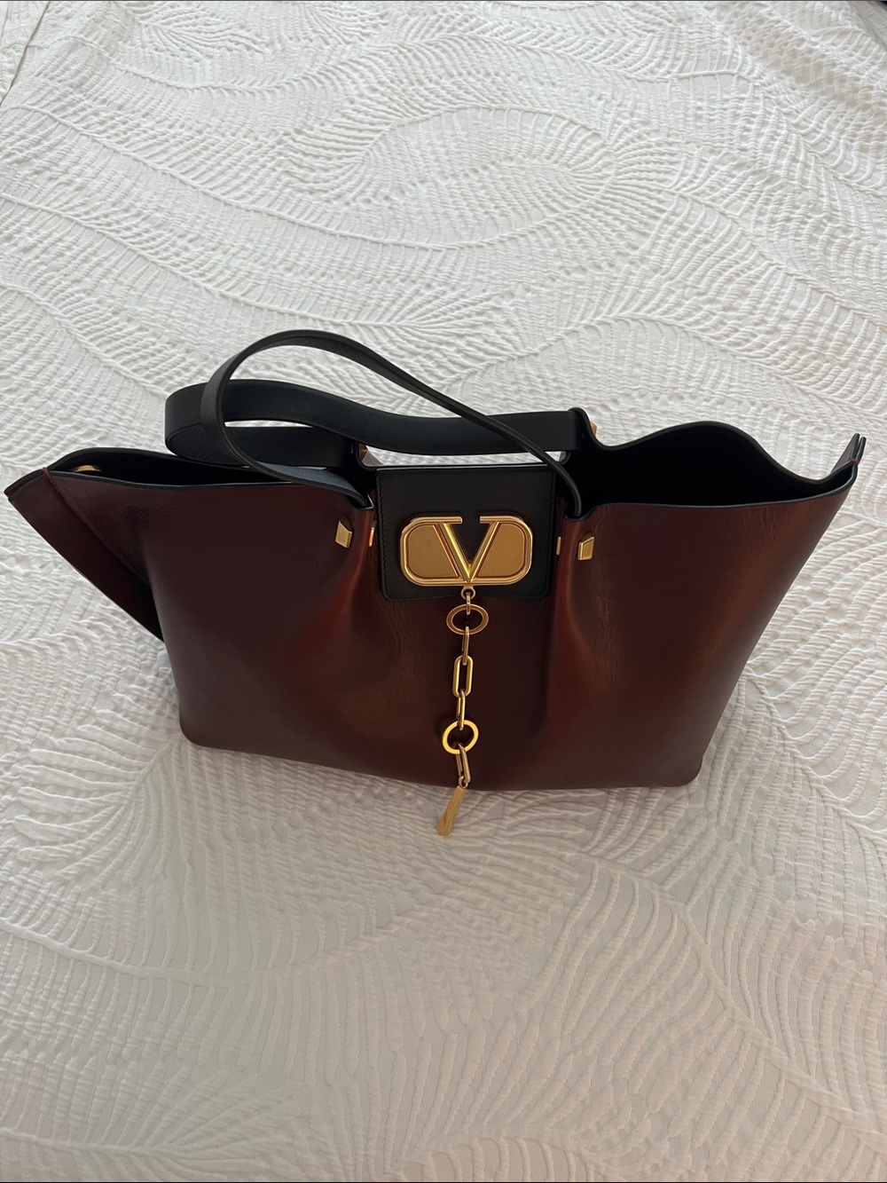 Valentino Garavani Chocolate Brown Leather Tote with Gold Hardware